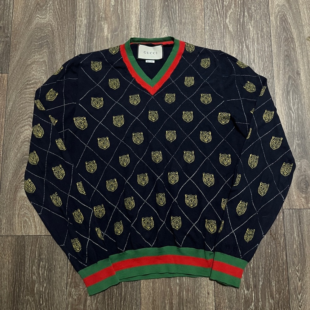Gucci Tiger Web Argyle Print Multicolor Wool Lightweight V-Neck Sweater